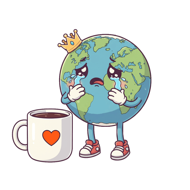 Anthropomorphized globe in tears next to a cup of coffee